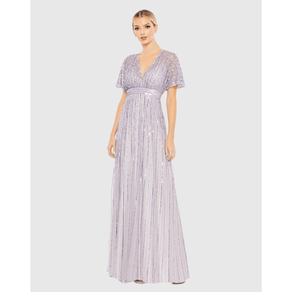 Mac Duggal NWT Sequined Butterfly Sleeve Flowy Gown in Lavender Size 14
